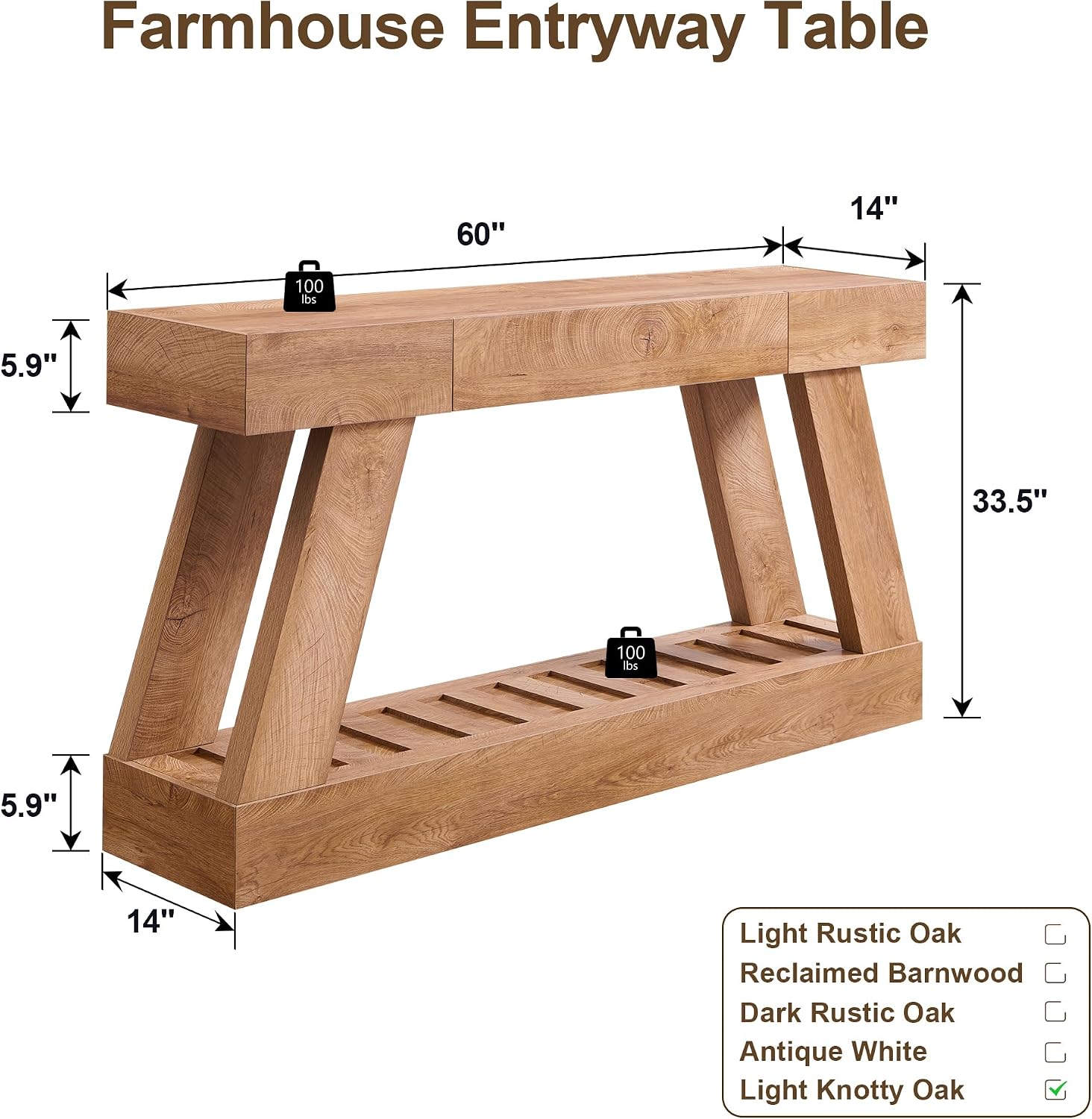 60" Farmhouse Entryway Table, Console Table with Drawer, Narrow Long Wood Sofa Table for Living Room, Wooden Hallway Foyer Table with Heavy Duty Base, Entry Table for Entrance(Light Knotty Oak)