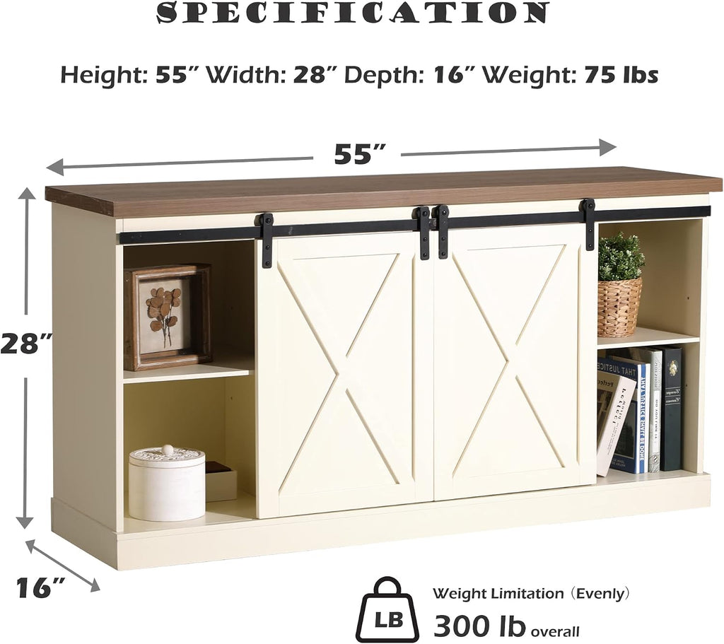 PHI VILLA Farmhouse Coffee Bar Cabinet, Barn Door Kitchen Storage Cabinet | White Farmhouse Coffee Bar Cabinet, Sliding Barn Door Kitchen Sideboard Buffet Storage Cabinet with Shelves for Living Room