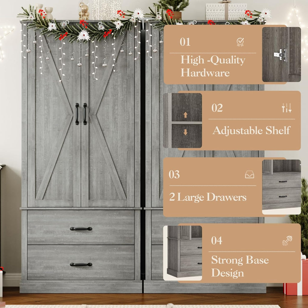 Farmhouse Kitchen Pantry Cabinet with Classic Barn Doors – Freestanding Storage Cabinet with Adjustable Shelves & 2 Large Drawers, Versatile Kitchen Cupboard for Dining Room, Grey
