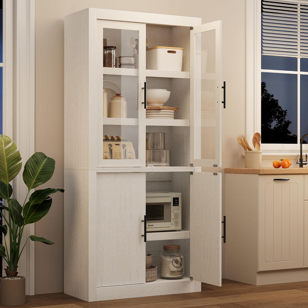 Tall Kitchen Pantry Cabinet, Farmhouse Kitchen Pantry Storage Cabinet Wood, 70.45" Large Cupboard with 4 Doors & Adjustable Shelves for Kitchen Storage, Dining, Office, Rustic White