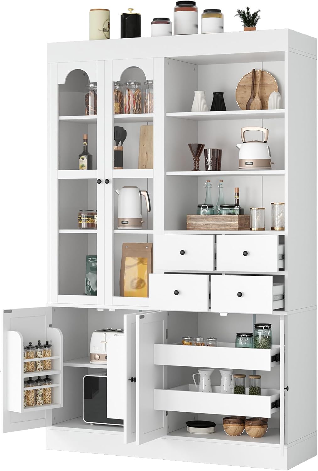 Virubi 75 Inch Tall Kitchen Pantry Storage Cabinet with Glass Doors, Freestanding Buffet with Hutch 4 Drawers&Built-in Door Shelves&Pull-Out Trays for Dining Room, Food Pantry for Living Room (White)