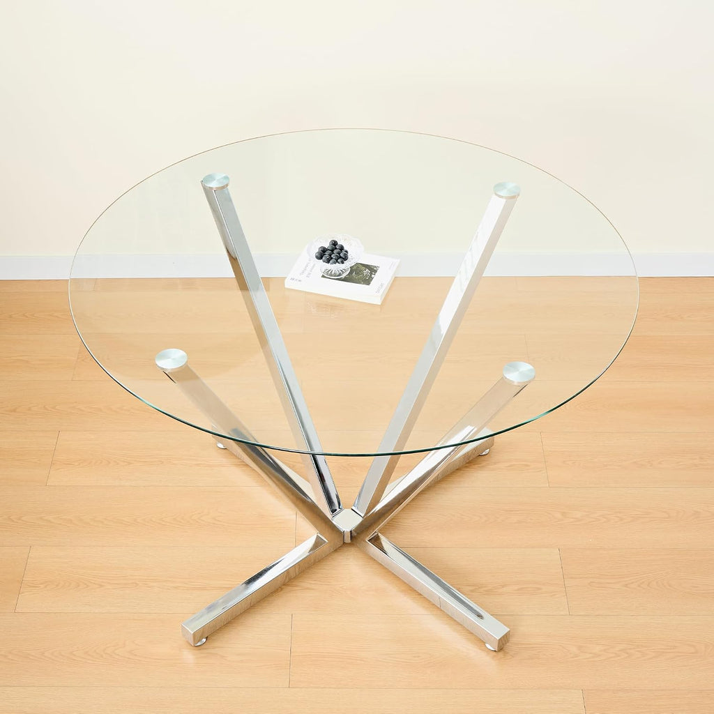 SSLine 45.2" Round Glass Dining Table for 4 Modern Circle Glass Tabletop Kitchen Table for 4 Luxury Dinner Tables with Silver Metal Legs for Home Kitchen Dining Room(Table Only)