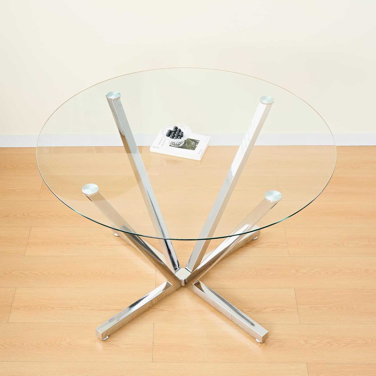 SSLine 45.2" Round Glass Dining Table for 4 Modern Circle Glass Tabletop Kitchen Table for 4 Luxury Dinner Tables with Silver Metal Legs for Home Kitchen Dining Room(Table Only)