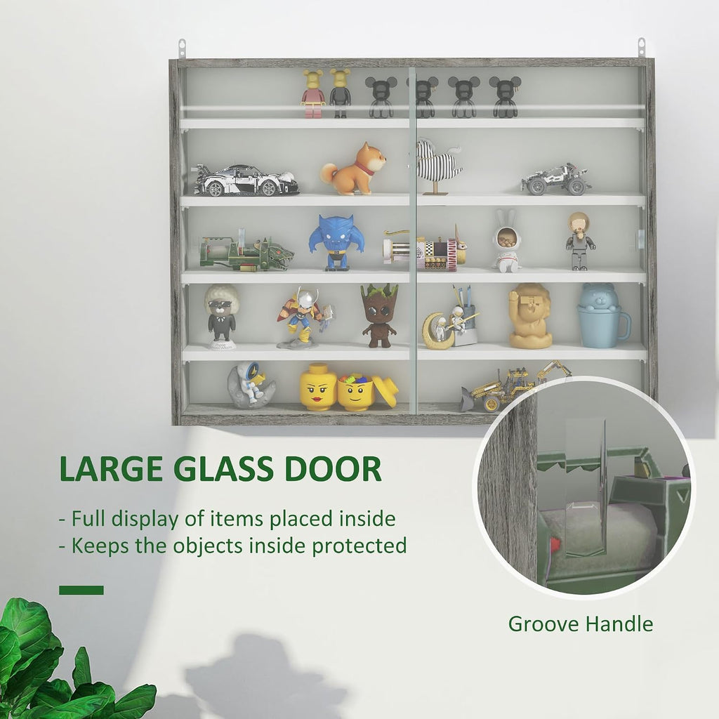 HOMCOM 5-Storey Wall Shelf Display Cabinet, Shot Glass Display Case, Glass Curio Cabinet with 2 Glass Doors and 4 Adjustable Shelves, Grey and White