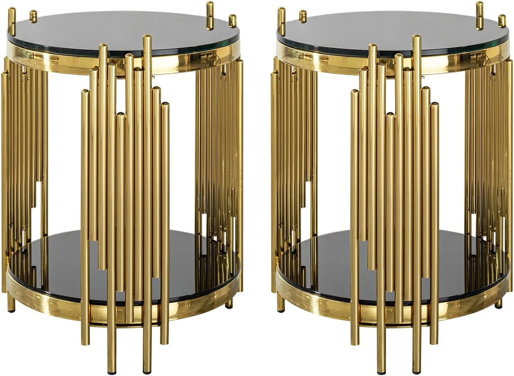 Set of 2 Modern Luxury 2-Tier Round End Tables, Black Tempered Glass Tops, Gold Stainless Steel Frames, Small Elegant Side Tables for Living Room, Bedroom, Office, or Café