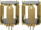 Set of 2 Modern Luxury 2-Tier Round End Tables, Black Tempered Glass Tops, Gold Stainless Steel Frames, Small Elegant Side Tables for Living Room, Bedroom, Office, or Café