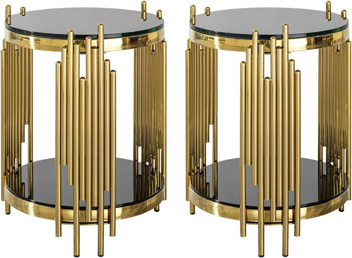 Set of 2 Modern Luxury 2-Tier Round End Tables, Black Tempered Glass Tops, Gold Stainless Steel Frames, Small Elegant Side Tables for Living Room, Bedroom, Office, or Café