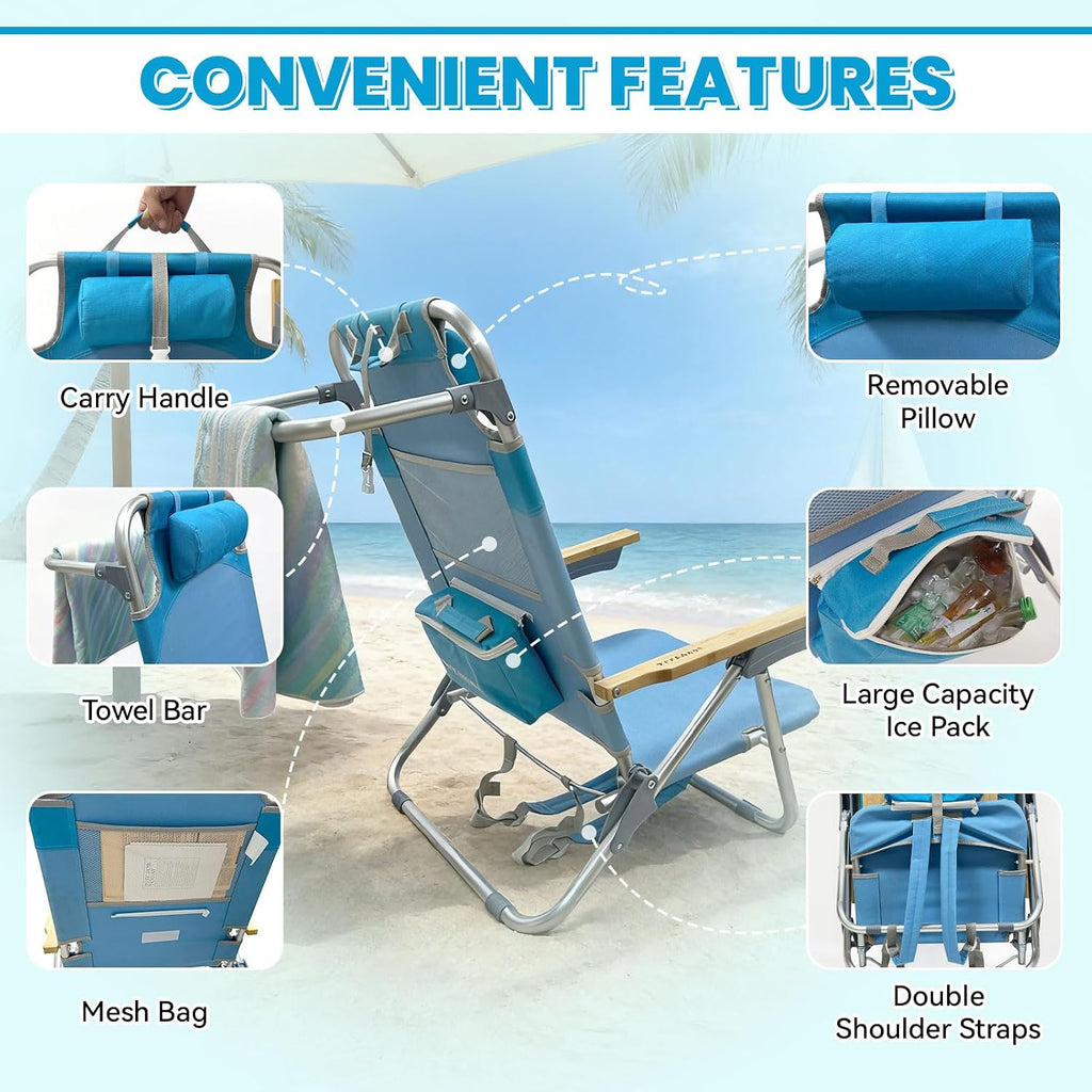 2 Pack Low Backpack Beach Chair with Folding Bamboo Table for Adults, 5-Position Lay Flat Reclining Chair Lightweight with Cooler Bag Supports 265 lbs
