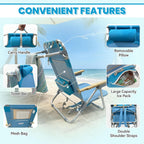2 Pack Low Backpack Beach Chair with Folding Bamboo Table for Adults, 5-Position Lay Flat Reclining Chair Lightweight with Cooler Bag Supports 265 lbs