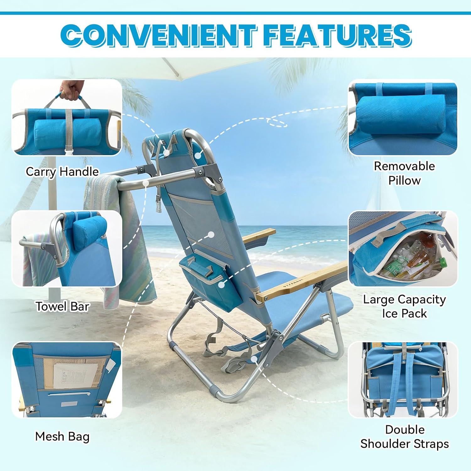 2 Pack Low Backpack Beach Chair with Folding Bamboo Table for Adults, 5-Position Lay Flat Reclining Chair Lightweight with Cooler Bag Supports 265 lbs