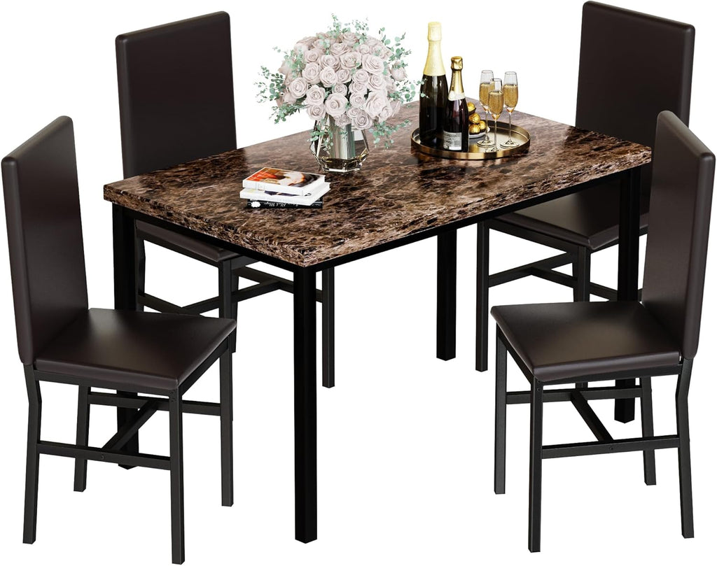 Recaceik 5-Piece Dining Table Set for 4, Faux Marble Kitchen Table Chairs Set of 4, Kitchen Table Set with 4 Upholstered PU Leather Chairs for Dining Room, Living Room, Apartment, Small Spaces, Brown
