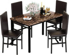 Recaceik 5-Piece Dining Table Set for 4, Faux Marble Kitchen Table Chairs Set of 4, Kitchen Table Set with 4 Upholstered PU Leather Chairs for Dining Room, Living Room, Apartment, Small Spaces, Brown