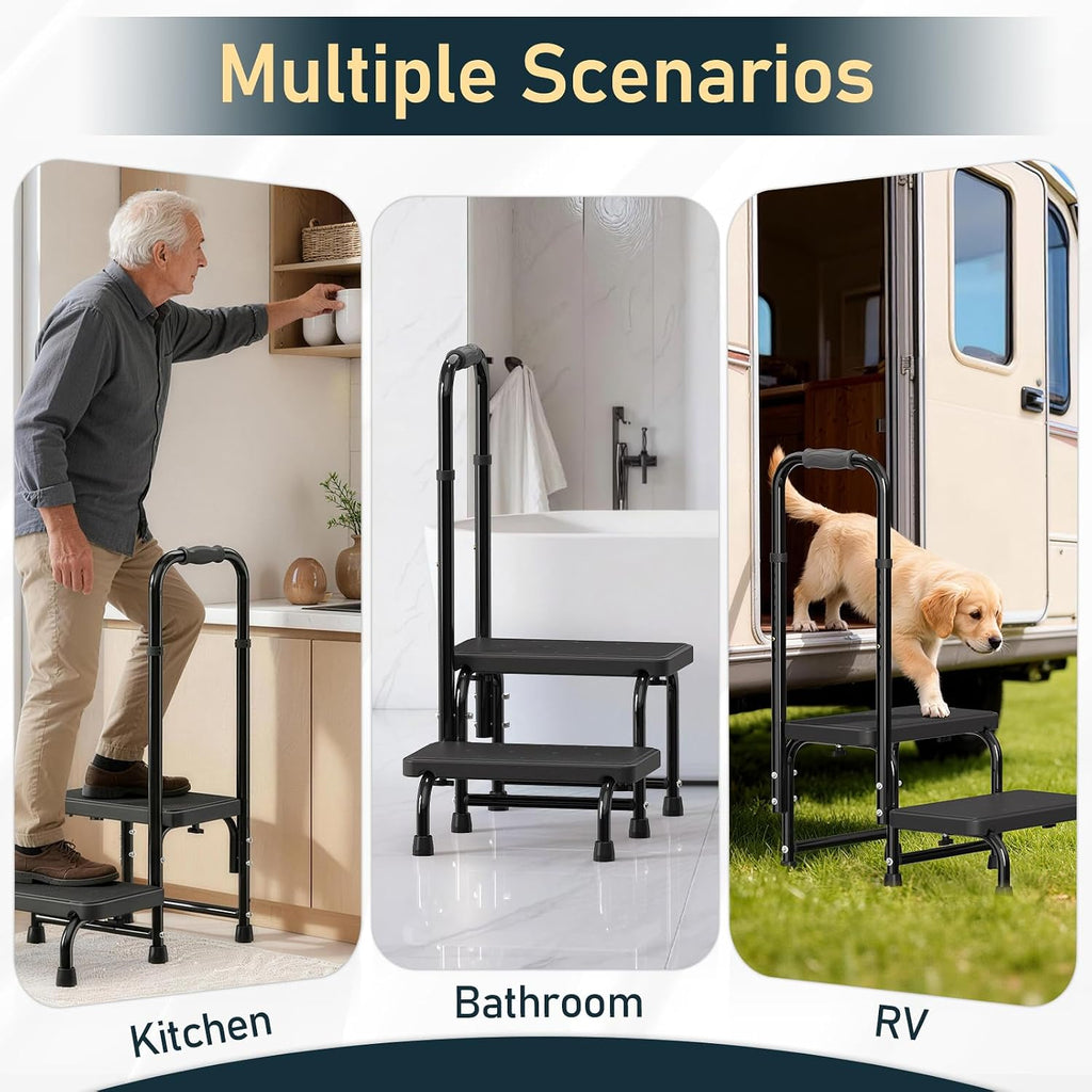 Suteck 2 Step Stool with Handle for Elderly Adults, 6-Leg Welded Bedside Step Stool for High Beds, 10-Level Adjustable Handrail, Wide Non-Slip Platform for Bathroom, Kitchen, RV, 450 lb, Black