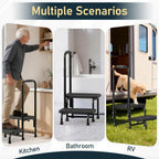 Suteck 2 Step Stool with Handle for Elderly Adults, 6-Leg Welded Bedside Step Stool for High Beds, 10-Level Adjustable Handrail, Wide Non-Slip Platform for Bathroom, Kitchen, RV, 450 lb, Black