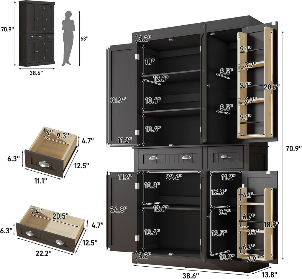 71" Tall Kitchen Cabinet Pantry Storage,Modern Kitchen Hutch Cabinet with Doors and Adjustable Shelves,Large Freestanding Food Pantry with 2 Drawer for Dining Room, Living Room, Hallway,Black