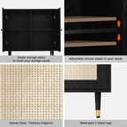 4ever2buy Rattan Buffet Cabinet with Storage, Black Sideboard Cabinet with Rattan Decor Doors, Buffet Table with Storage, Black Console Table with Adjustable Shelves, Living Room Cabinets