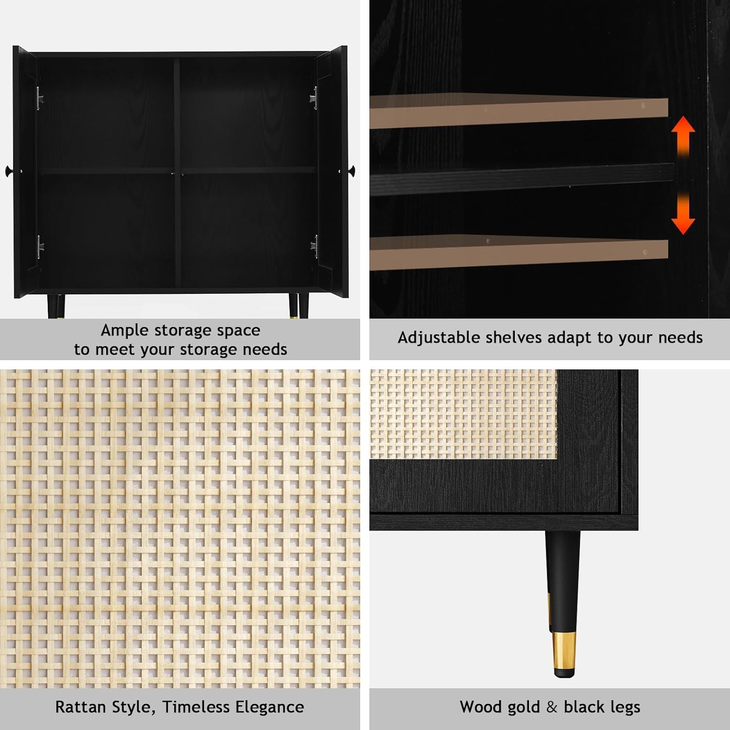 4ever2buy Rattan Buffet Cabinet with Storage, Black Sideboard Cabinet with Rattan Decor Doors, Buffet Table with Storage, Black Console Table with Adjustable Shelves, Living Room Cabinets