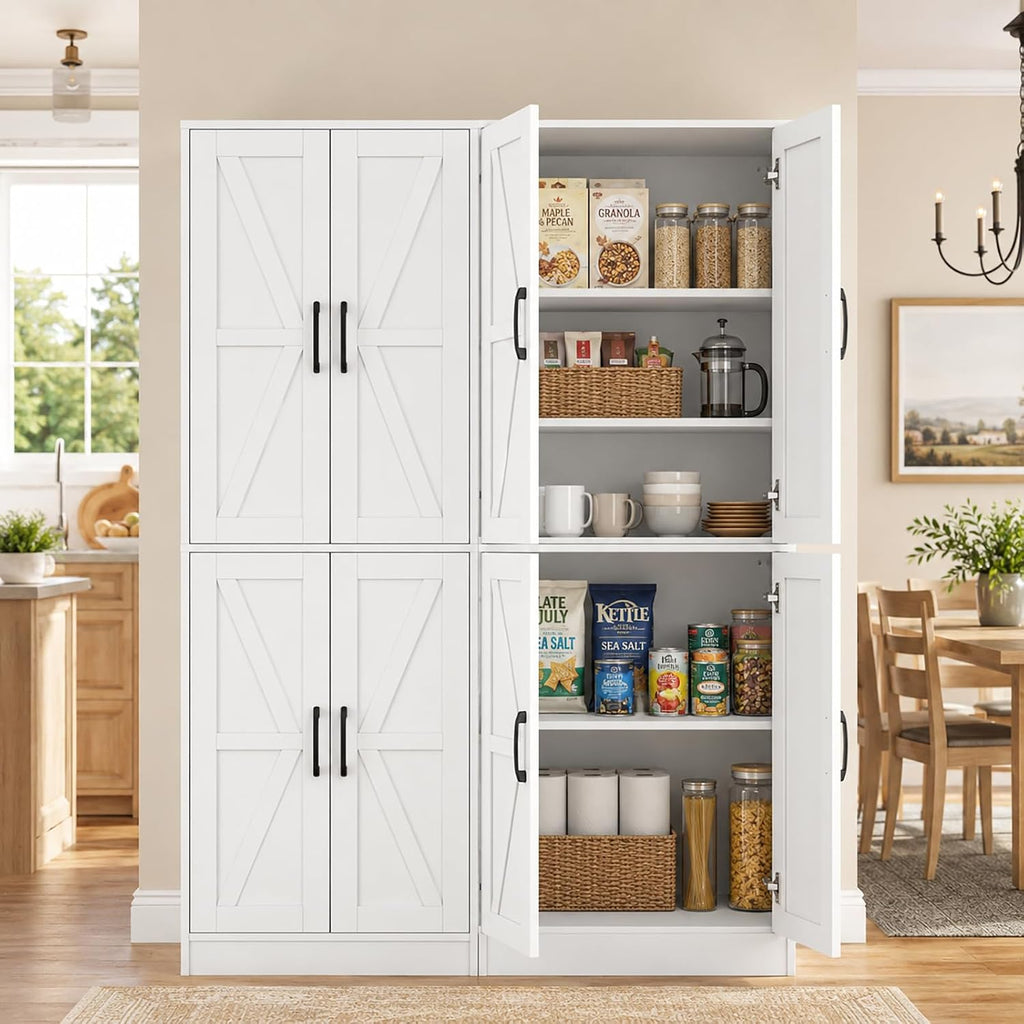 Kitchen Pantry Storage Cabinet, 68" Tall White Food Pantry Cabinet with Doors and Adjustable Shelves, Freestanding Farmhouse Storage Cabinet for Kitchen, Dining Room, Bathroom, Laundry Room (White)