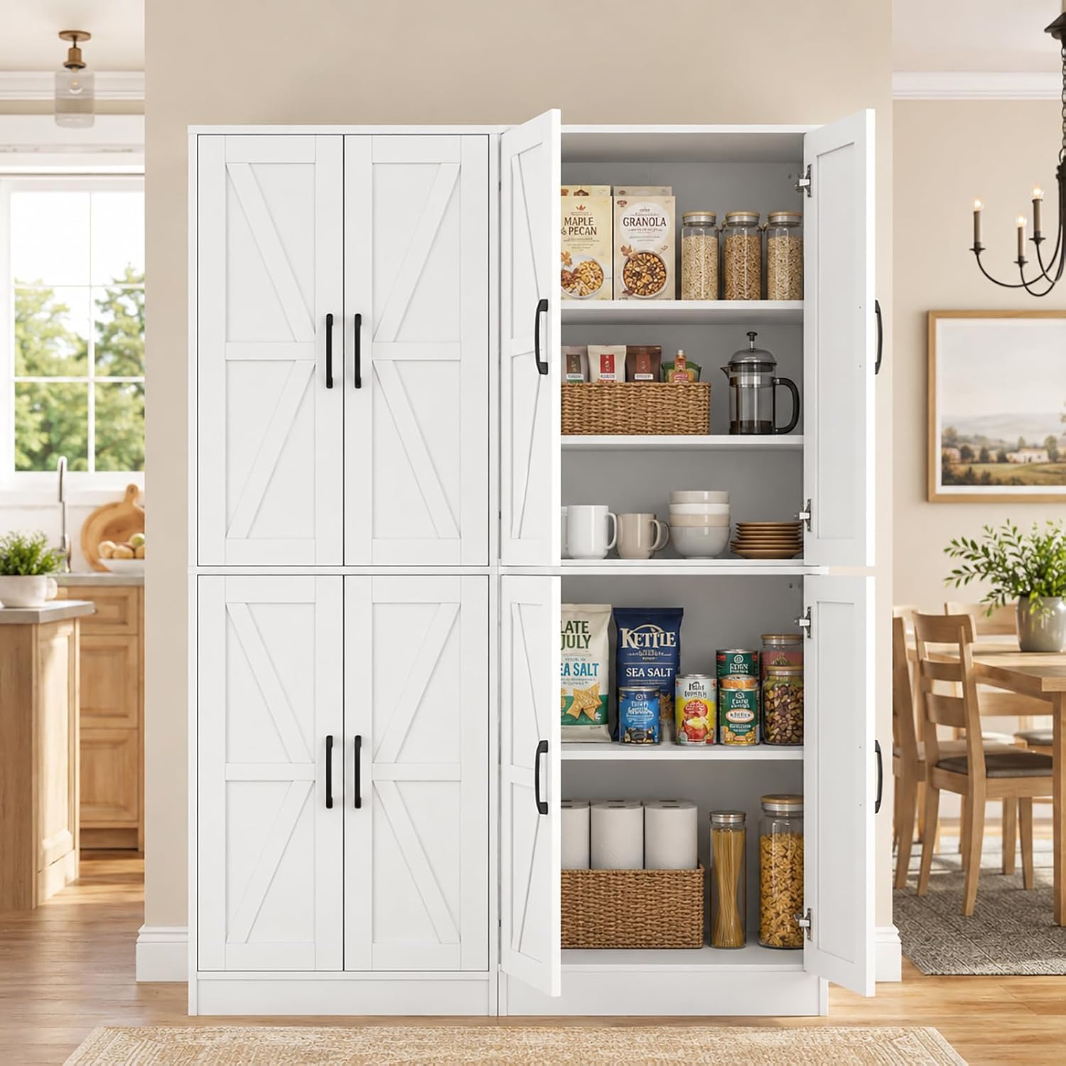 Kitchen Pantry Storage Cabinet, 68" Tall White Food Pantry Cabinet with Doors and Adjustable Shelves, Freestanding Farmhouse Storage Cabinet for Kitchen, Dining Room, Bathroom, Laundry Room (White)