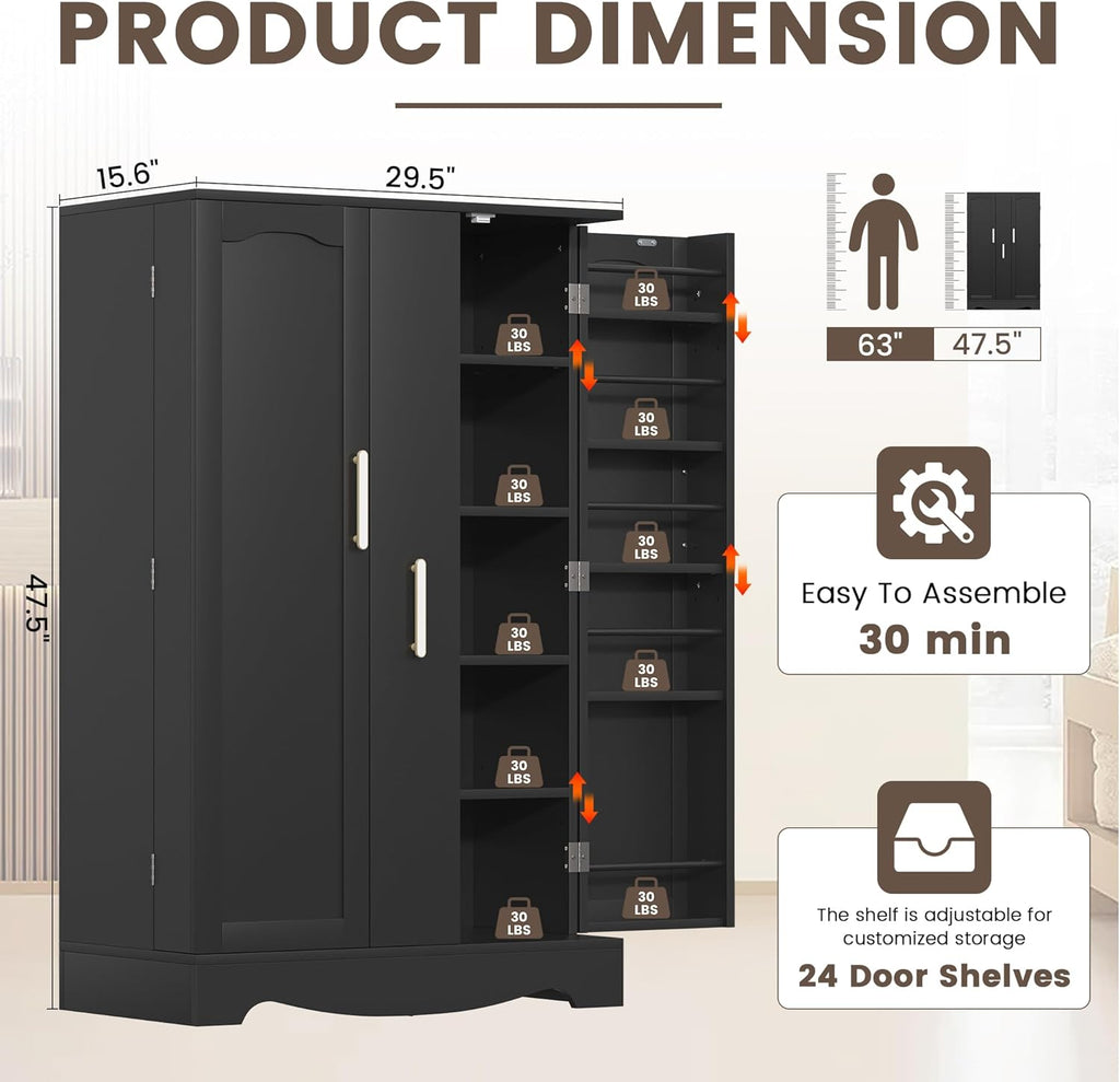 kepptory 47" Kitchen Pantry, Farmhouse Storage Cabinet with Barn Doors, Organizer, Pantry Cabinet with Lock Door and Adjustable Shelves, Rustic Wood Cupboard for Kitchen, Dining Room, Bathroom, Black