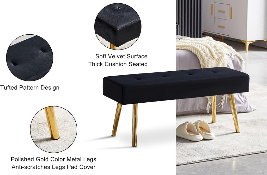 Homedot Black Velvet Ottoman Bench Simple Design Soft Velvet Dining Room Bench Tufted for Kitchen, Upholstered Entryway Bench with Sturdy Metal Legs for Home