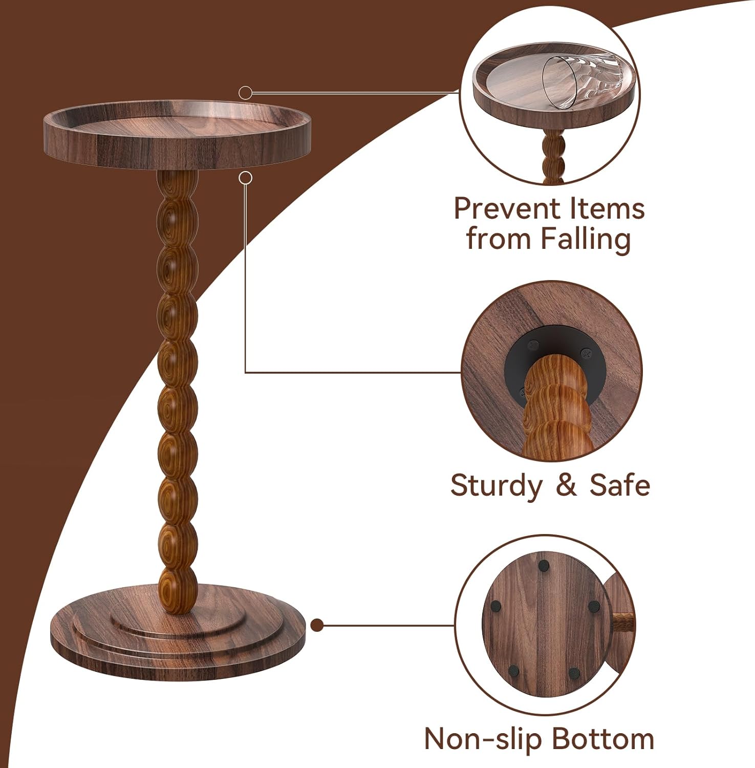 XNSDXV Round Side Table with Solid Wood Leg, Small Drink Table for Small Spaces, Martini Table with Raised Edge, Pedestal Side Table for Living Room, Bedroom,Sofa and Couch (Walnut Brown)