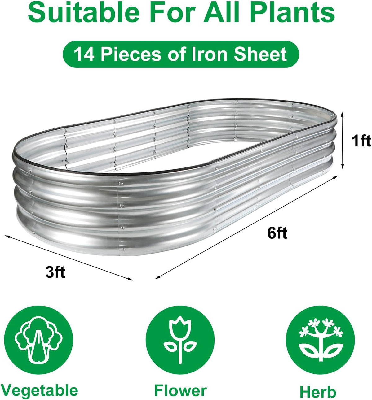 JERIA 6×3×1ft Oval Raised Garden Bed,Galvanized Raised Garden Bed Kit Outdoor Metal Gardening Planter Box for Vegetable, Fruits, Flower，Herbs