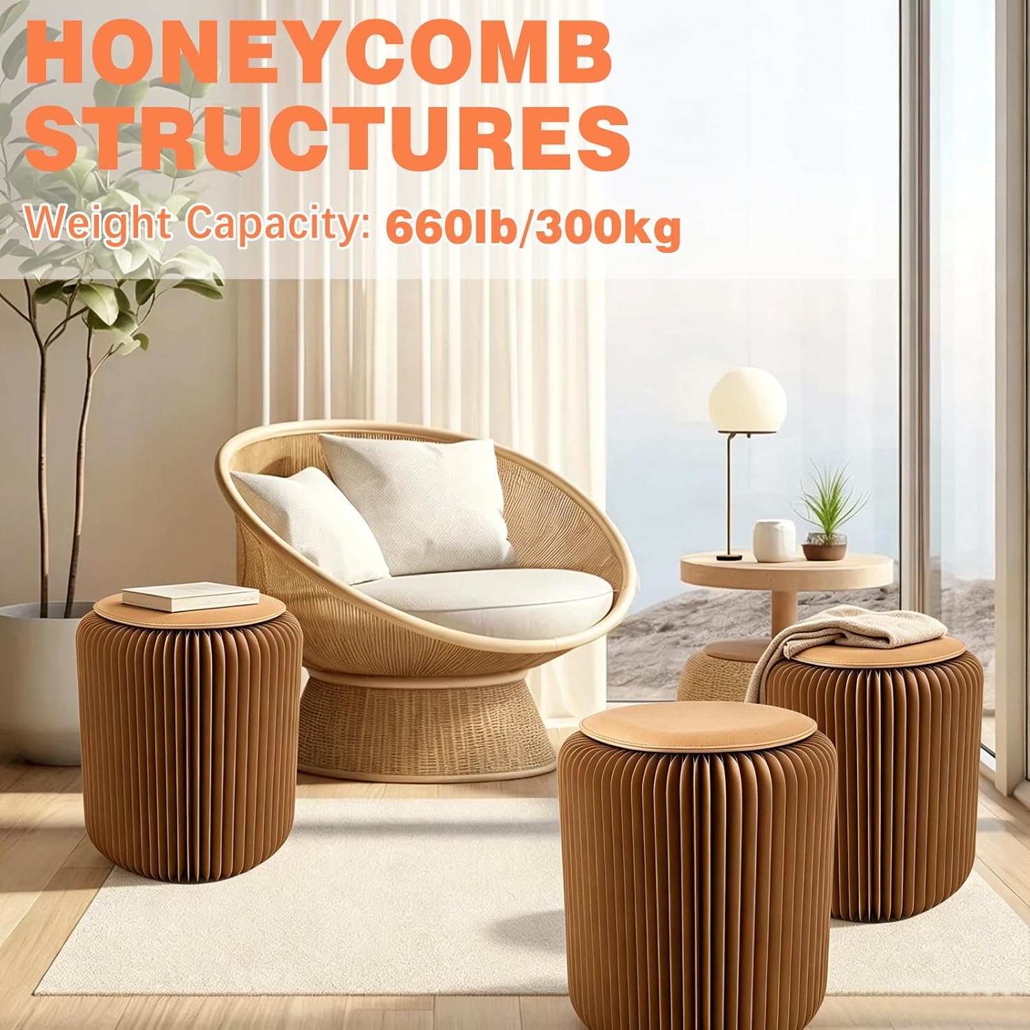17 Inch Folding Paper Stool, 660lb Load Kraft Honeycomb Structure, 1.2" Ultra-Thin Flat Fold, Eco-Friendly Minimalist Stool for Home Camping Small Spaces, Brown