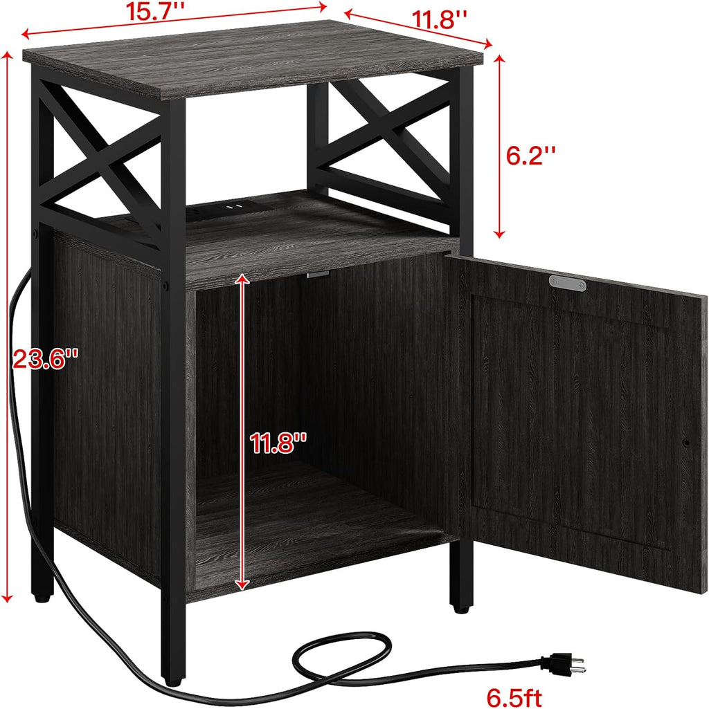 End Table Set of 2 with Charging Station, Side Table with Power Outlet & USB Ports, Nightstand with 2 Tiers Storage Space and Storage Cabinet, Sofa Side Tables for Bedroom, Living Room,Office, Grey