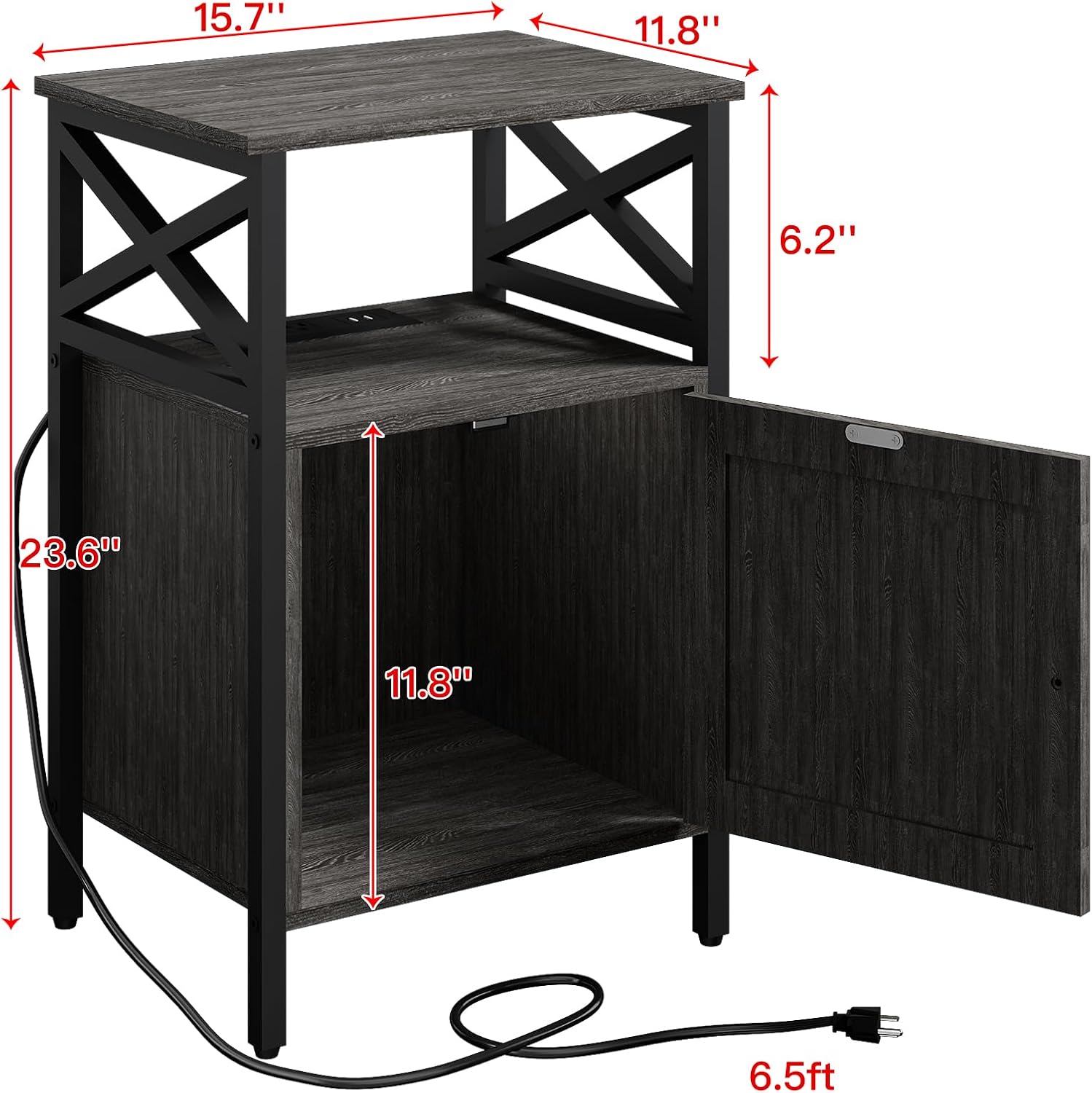 End Table Set of 2 with Charging Station, Side Table with Power Outlet & USB Ports, Nightstand with 2 Tiers Storage Space and Storage Cabinet, Sofa Side Tables for Bedroom, Living Room,Office, Grey
