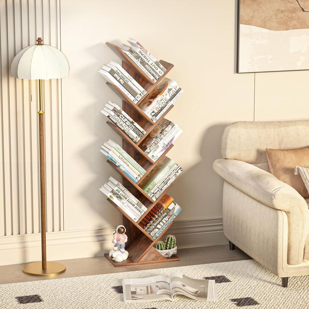 SHEEPAM 10 Tier Tree Book Shelf, Floor Standing Wood Bookshelf for Narrow Space, Storage Organizer Bookshelves for Books/CDs/Magazine, Bookcase with Shelves for Home Office, Living Room - Brown