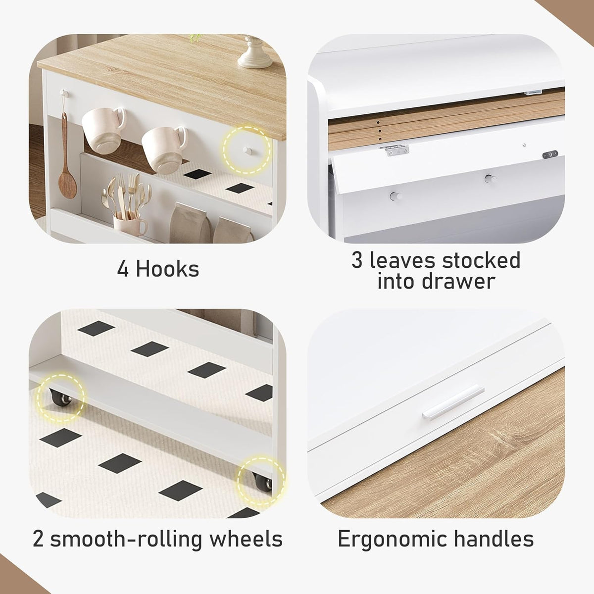 Spaco 2-in-1 Folding Dining Table and Buffet Cabinet Set,Compact Pull-Out Kitchen Table with Wheels,Storage Shelf and Side Hooks,Multifunctional Cupboard for Small Place (White & Oak)