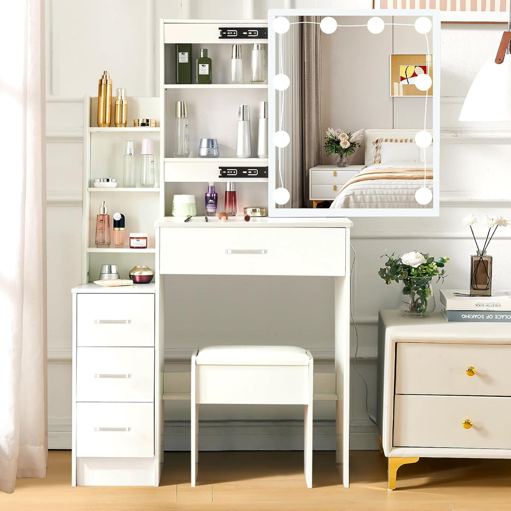 White Vanity Desk with Mirror and Lights, Modern Dimmable LED Dressing Table with 4 Drawers, Open Shelves and Stool for Bedroom, 90x140x40 cm 3 Color Modes & Adjustable Brightness, White