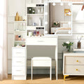 White Vanity Desk with Mirror and Lights, Modern Dimmable LED Dressing Table with 4 Drawers, Open Shelves and Stool for Bedroom, 90x140x40 cm 3 Color Modes & Adjustable Brightness, White