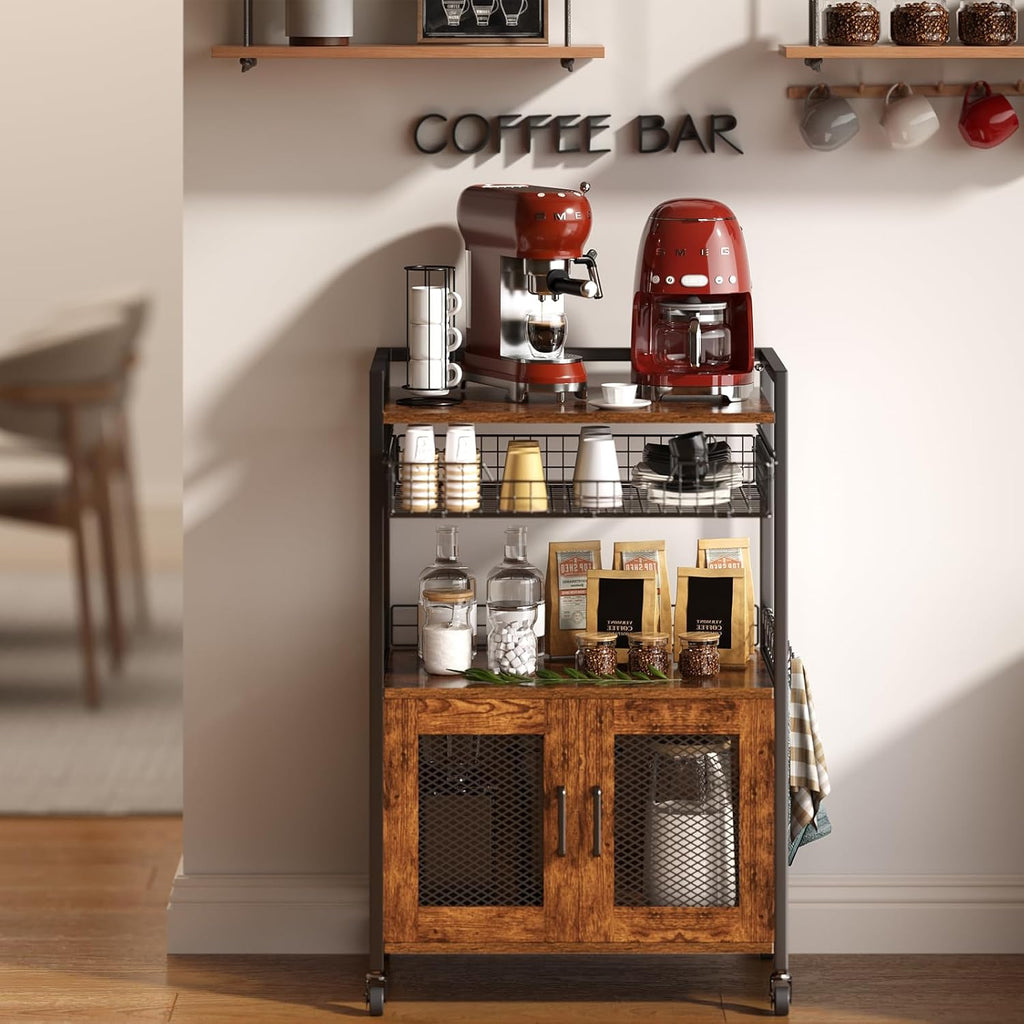 Hencawima Coffee Bar Cabinet, 3 Tier Coffee Station Table on Wheels, 35.9" H Bar Cart with Wire Basket Drawer & 5 Hooks for Home Kitchen, Liquor Buffet Sideboard Cabinet (Rustic Brown)