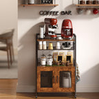 Hencawima Coffee Bar Cabinet, 3 Tier Coffee Station Table on Wheels, 35.9" H Bar Cart with Wire Basket Drawer & 5 Hooks for Home Kitchen, Liquor Buffet Sideboard Cabinet (Rustic Brown)