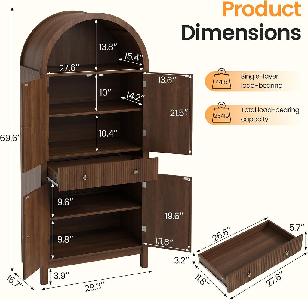 Apicizon 70" Tall Arched Kitchen Pantry Cabinet, 6-Tier Modern Fluted Wood Storage Cabinet with Doors Drawer & Adjustable Shelves, Farmhouse Cupboard Organizer for Dining Room, Bathroom, Walnut