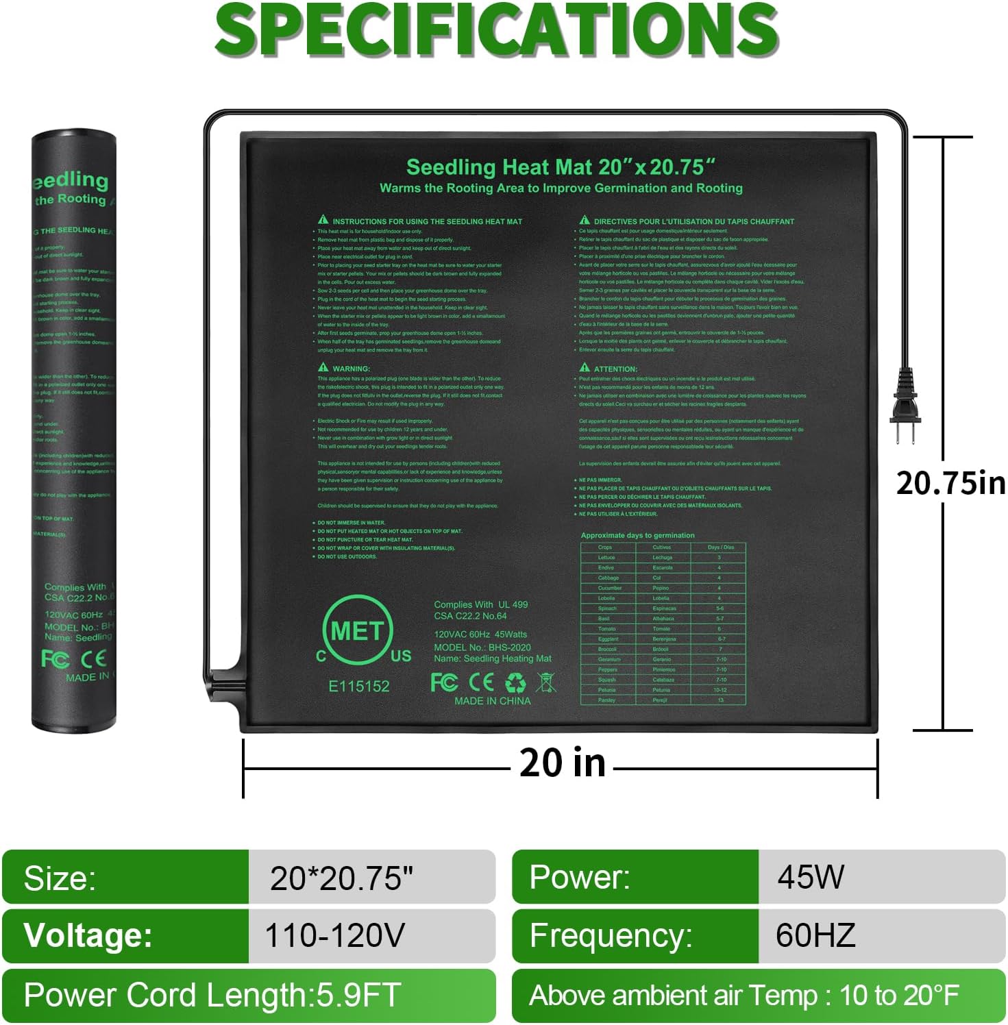 Seedling Heat Mat 20" x 20.75" Warm Hydroponic Plant for Indoor Gardening Germination Starting, Waterproof Durable