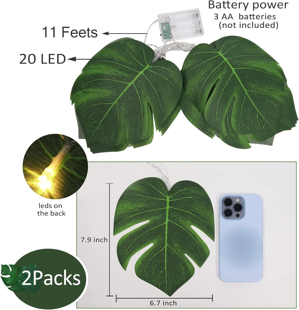 RECUTMS 2 Pack Artificial Tropical Palm Leaves String Lights, Large Size 20 LED Monstera Green Leaf Hanging Vine Greenery,Indoor Hawaiian Luau Jungle Beach Safari Baby Shower Party Spring Summer Decor