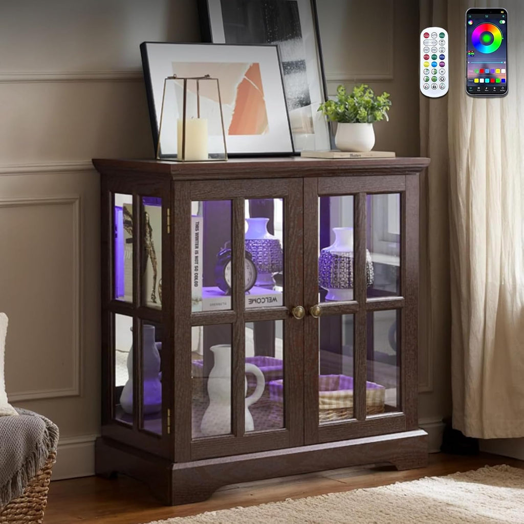 32" H LED Accent Curio Cabinet with 7 Color Lights for Collectibles, Modern Storage Cabinet with Tempered Glass Doors, Sideboard Buffet Case with Smartphone-Controlled Lights (Dark Cherry)