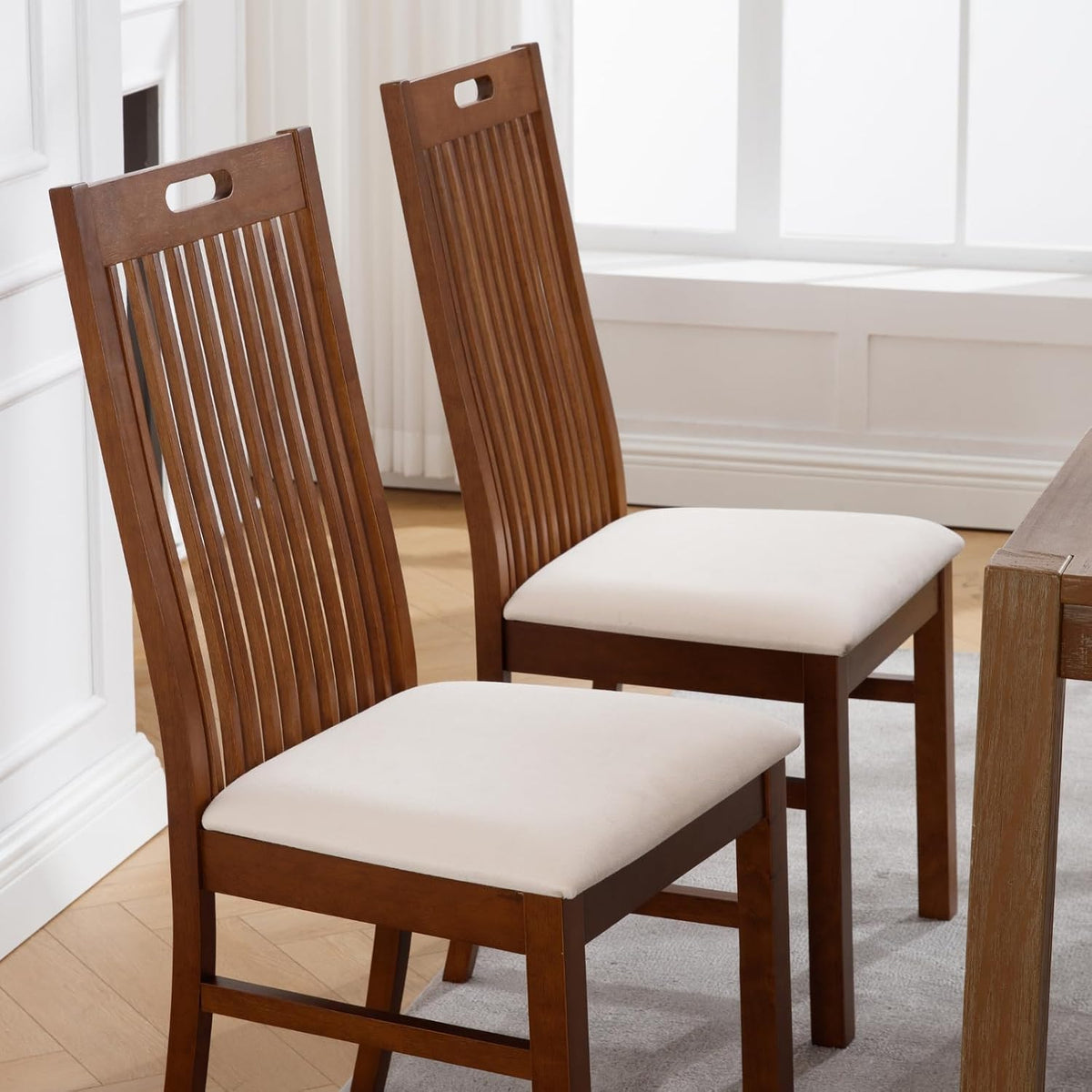 CIMOTA Walnut Wood Dining Chairs Set of 2, Farmhouse Wooden Kitchen Chairs with Spindle Slat High Back/Upholstered Seat Traditional Windsor Side Chairs for Dining Room/Living Room/Restaurant