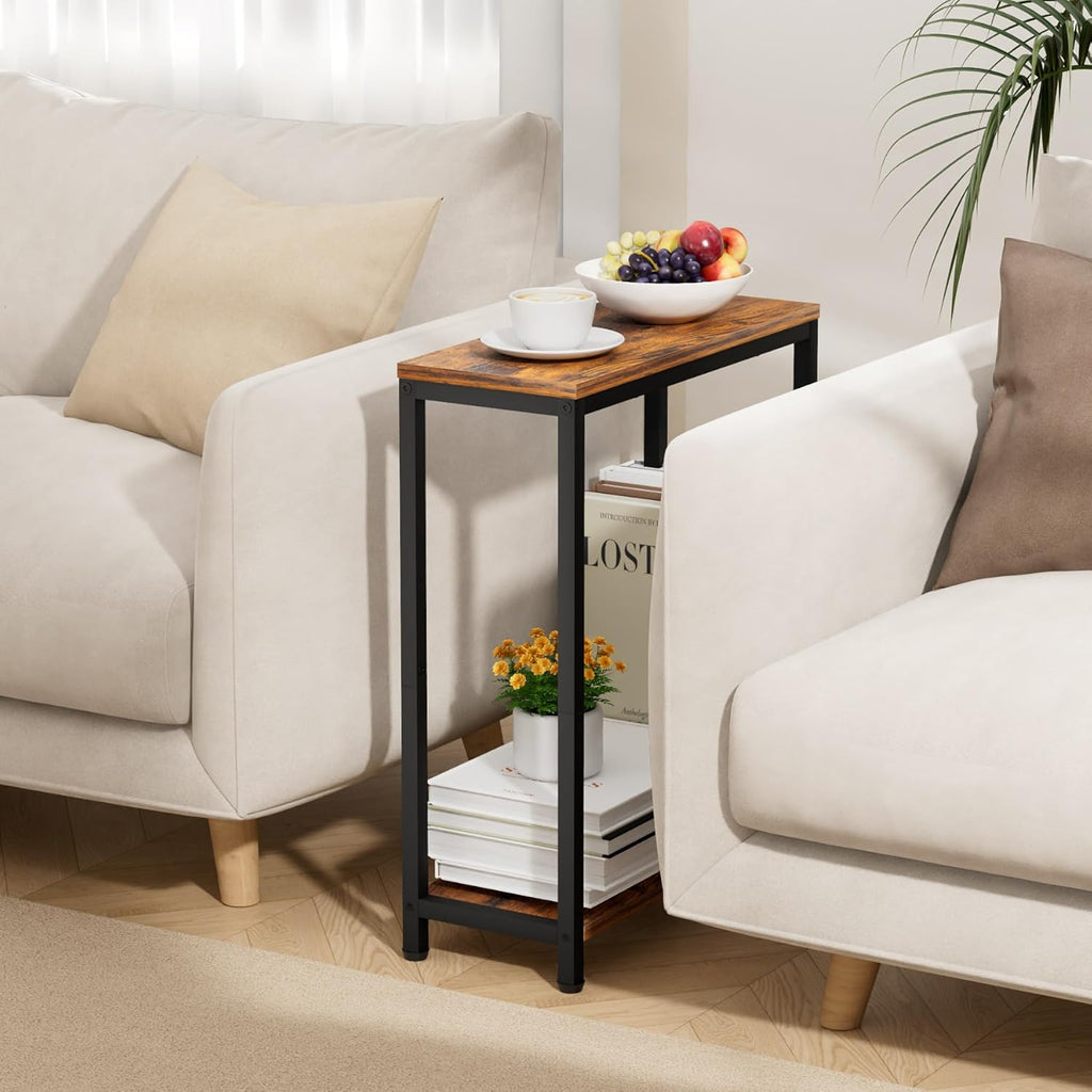 SLEEPING LAMB Narrow End Tables Living Room Set of 2 Small Side Table for Small Space, 2 Tier Slim Skinny Night Stand for Bedroom, Couch Beside Nightstands, Rustic Brown and Classic Black