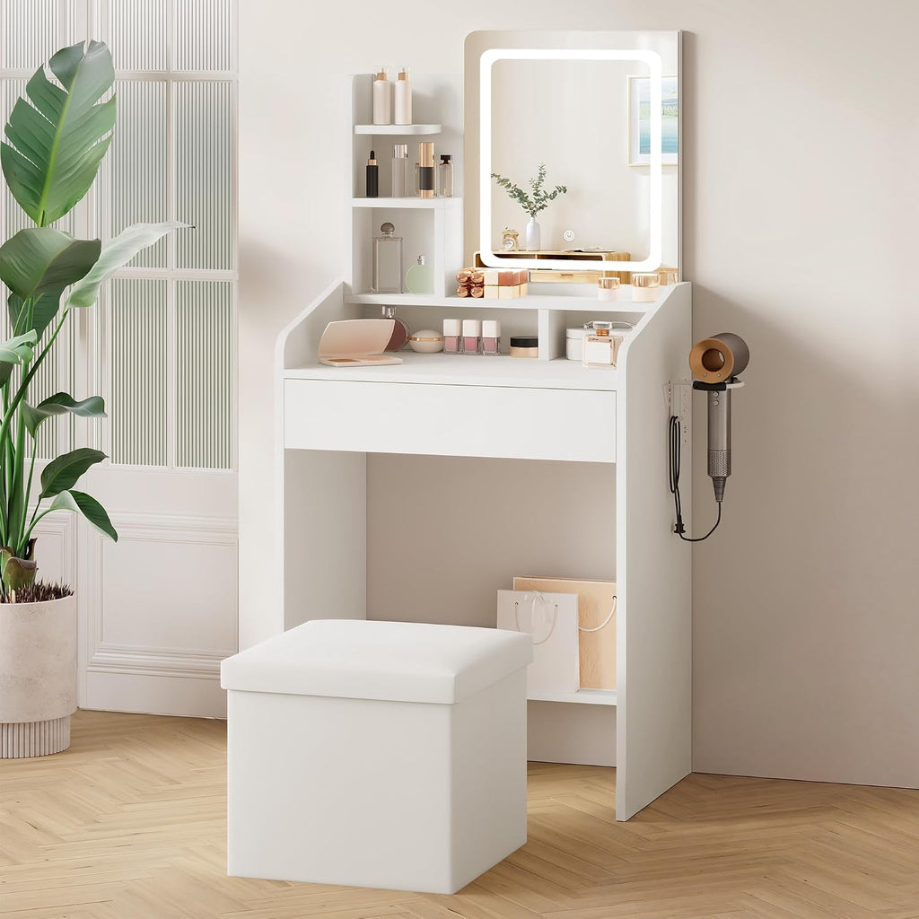 LIVELYGLOW 24" White Small Vanity Set with Lighted Mirror & Storage Stool | Smart LED Mirror, Charging Station, Hairdryer Rack, Space-Saving