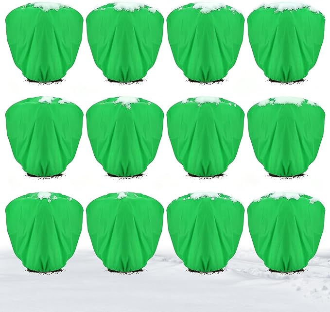ANPHSIN 12 Pcs 39.3in x 39.3in Plant Covers Freeze Protection - Winter Shrub Plant Protection Bags, Frost Blankets Cloths with Drawstring for Outdoor Garden Potted Plants, Green