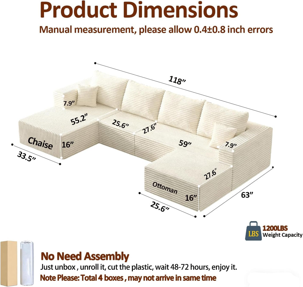 118" U-Shaped Modular Sectional Sofa Set,Soft Corduroy Cloud Couch with Chaise & Ottoman,Deep Seat Couches for Living Room,No-Assembly - Beige (Left Facing Chaise)