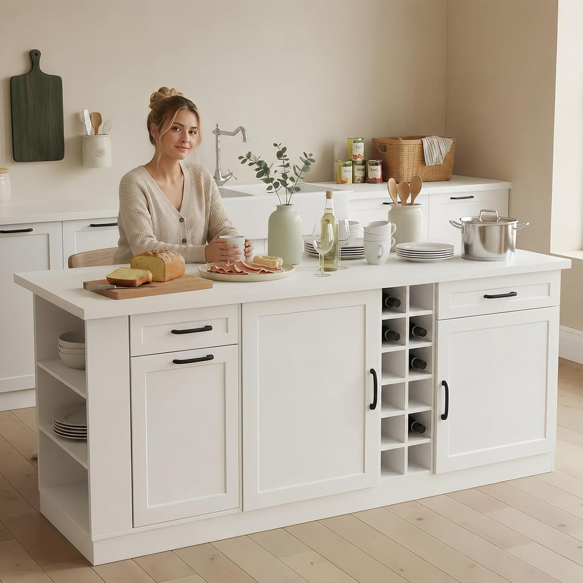 Large Kitchen Island,Wood Freestanding Islands with Storage Drawers, Trash Cabinet, Adjustable Shelves, Cabinet & Spice Rack,Farmhouse Kitchen Island for Kitchen & Dining Room