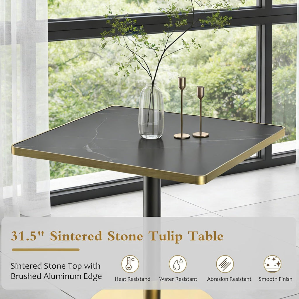 SSLine Square Dining Table for 2 Modern Luxury Marble Sintered Stone Kitchen Table for 2-4, Small 31.5" Bistro Tulip Table with Faux Marble Top and Gold Metal Pedestal Base