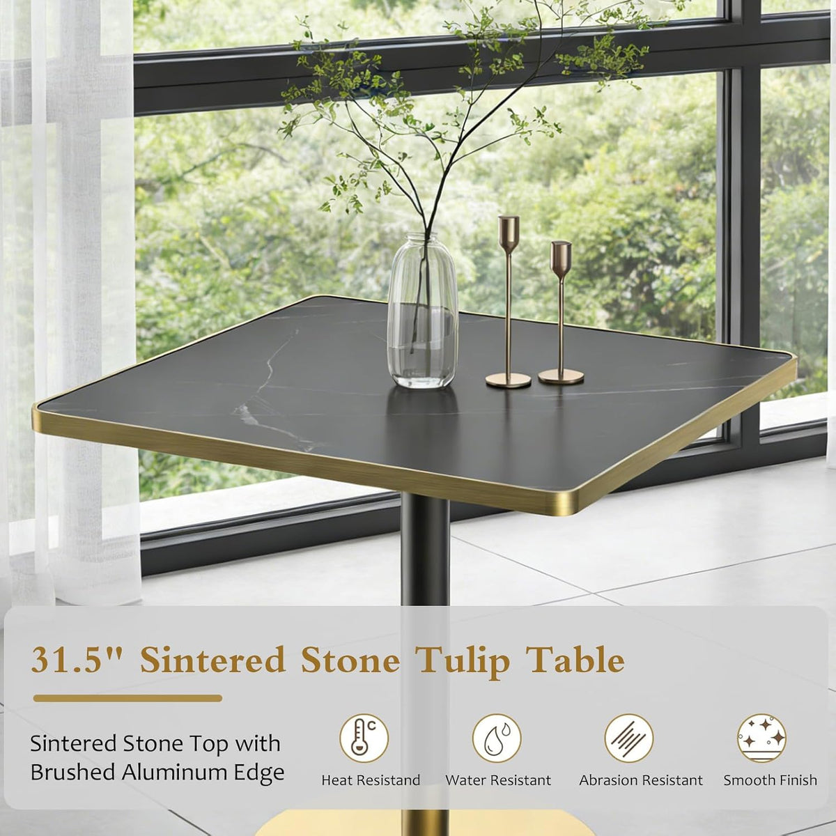 SSLine Square Dining Table for 2 Modern Luxury Marble Sintered Stone Kitchen Table for 2-4, Small 31.5" Bistro Tulip Table with Faux Marble Top and Gold Metal Pedestal Base