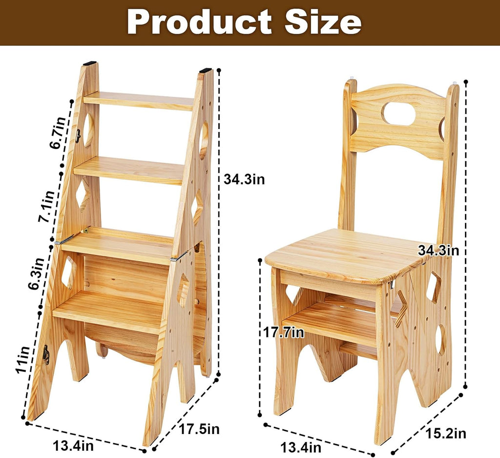 4 Step Foot Stool Chair 3 in 1 Wooden Library Ladder Solid Folding Portable Wood Display Stand Flower Rack Indoor Stepladder Shoe Bench for Home, Library, Kitchen, Office