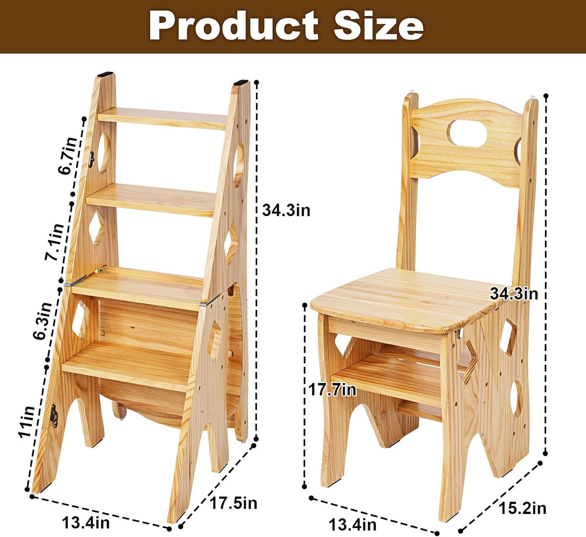 4 Step Foot Stool Chair 3 in 1 Wooden Library Ladder Solid Folding Portable Wood Display Stand Flower Rack Indoor Stepladder Shoe Bench for Home, Library, Kitchen, Office
